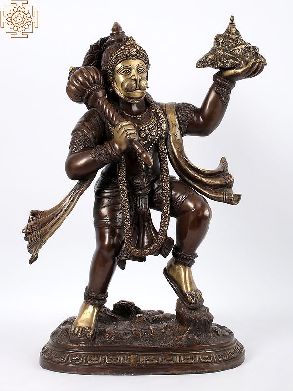 27" Brown Color Lord Hanuman Carrying Mountain of Sanjeevani Herbs | Brass Statue
