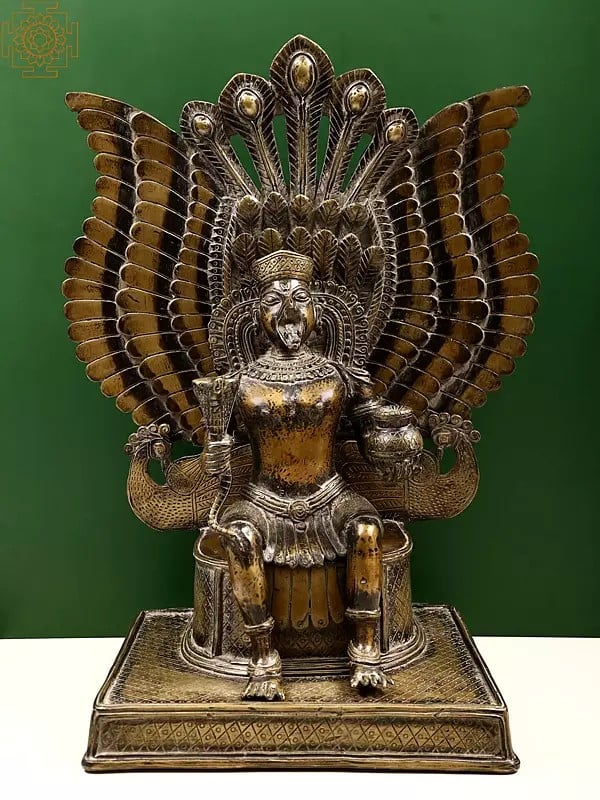 22" Superfine Garuda Seated on Peacock Throne Holding Amrit Kalasha and a Serpent in Hands in Brass | Handmade