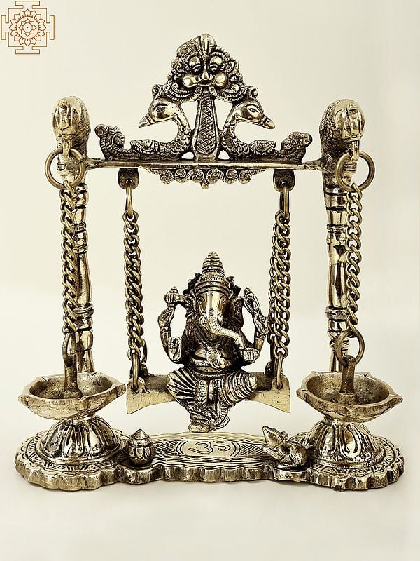 8" Lord Ganesha on Parrot Swing with Two Dangling Lamps In Brass | Handmade | Made In India