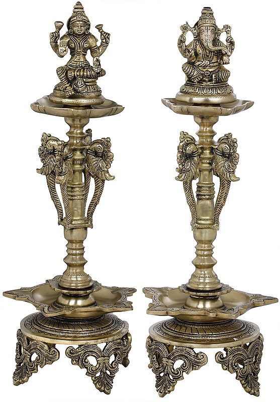 19" Lakshmi Ganesha Auspicious Lamps in Brass | Handmade | Made In India