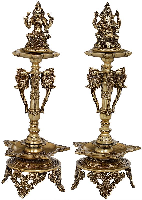19" Lakshmi Ganesha Auspicious Lamps In Brass | Handmade | Made In India