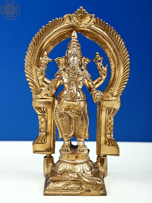 6" Four Armed Ganesha Standing Against the Arch | Handmade | Madhuchista Vidhana (Lost-Wax) | Panchaloha Bronze from Swamimalai