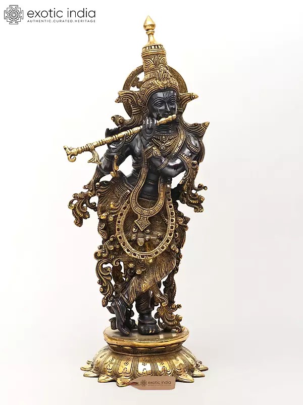 25" Superbly Adorned Lord Krishna Standing on Lotus Pedestal Playing Flute In Brass | Handmade | Made In India