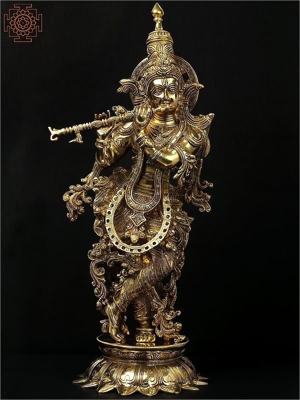25" Superbly Adorned Lord Krishna Standing on Lotus Pedestal Playing Flute In Brass | Handmade | Made In India