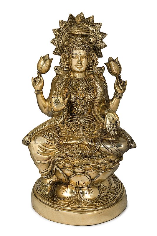 23" Goddess Lakshmi Seated on Lotus In Brass | Handmade | Made In India