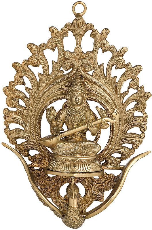 11" Goddess Saraswati Seated on Flying Swan (Wall Hanging) In Brass | Handmade | Made In India