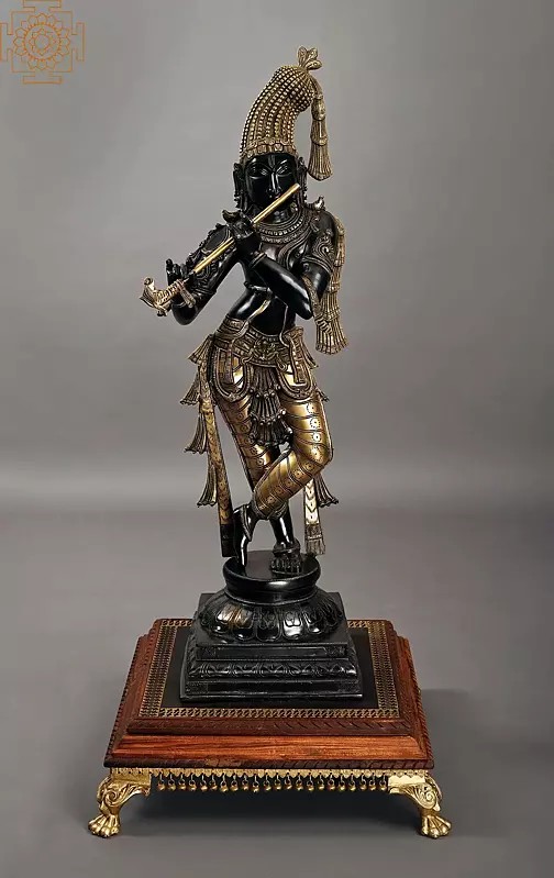 36" Superfine Standing Krishna with Fascinating Crown | Handmade Brass Statue