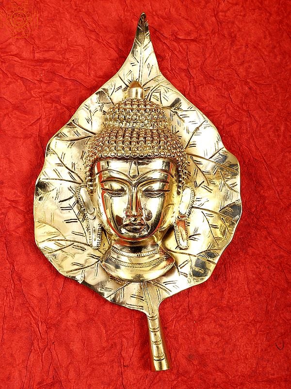 9" Buddha Head on Peepal Leaf Wall Hanging In Brass | Handmade | Made In India