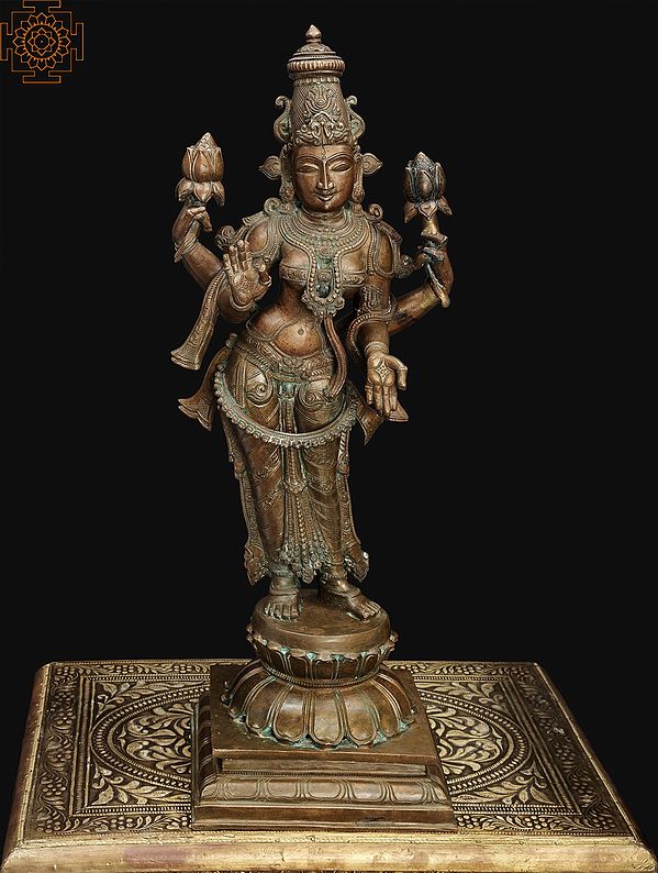 22" Standing Chaturbhujadharini Devi Lakshmi, Smiling Upon Ihaloka | Handmade | Madhuchista Vidhana (Lost-Wax) | Panchaloha Bronze