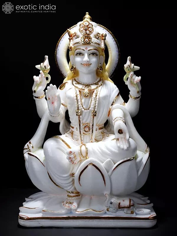 24" Goddess Lakshmi Seated on Lotus | Handmade | White Marble Lakshmi Seated on Lotus | Hindu Goddess of Wealth Goddess Laxmi Sitting on Lotus Laxmi Sculpture Indian Home Decor