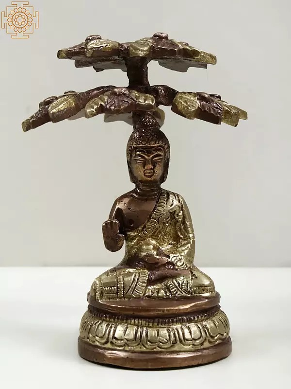 4" Tibetan Buddhist Lord Buddha Idol Seated Under a Tree in Brass