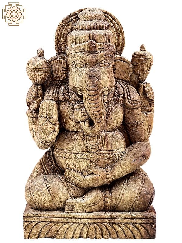 10" Seated Ganesha Idol | Carved in Vengai Wood | Handmade Wall Hanging Statue