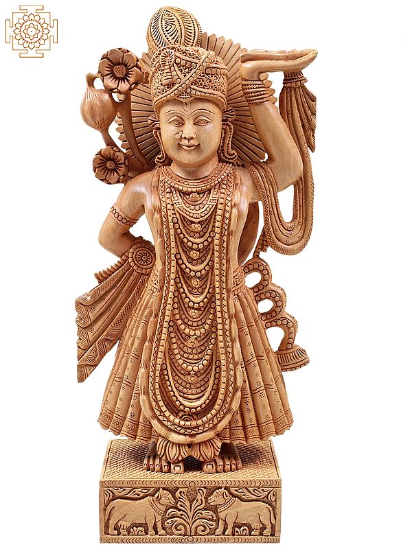 13" Wooden Shrinath Ji Figurine in Kadam Wood