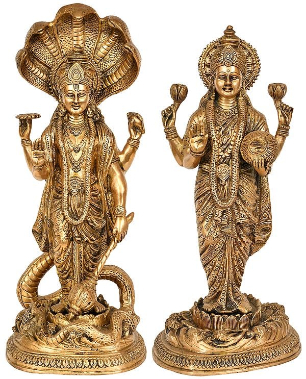 17" Lord Vishnu with Goddess Lakshmi In Brass | Handmade | Made In India