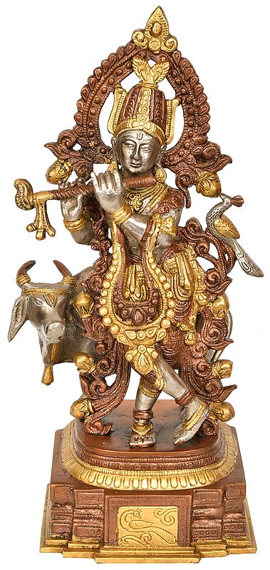 13" Krishna with Cow In Brass | Handmade | Made In India