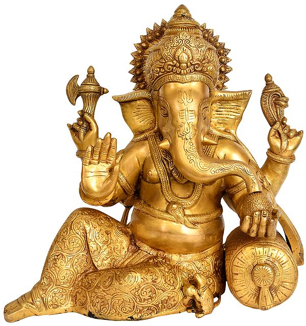 13" Relaxing Ganesha Sculpture in Brass | Handmade | Made in India