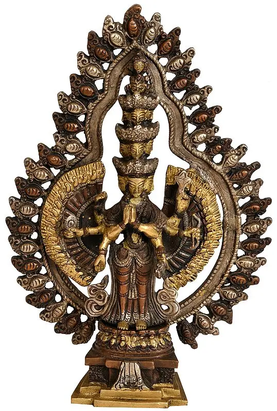 10" Tibetan Buddhist Deity Eleven Headed Thousand Armed Avalokiteshvara In Brass | Handmade | Made In India