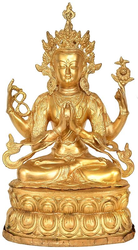 17" Tibetan Buddhist Four Armed Avalokiteshvara In Brass | Handmade | Made In India