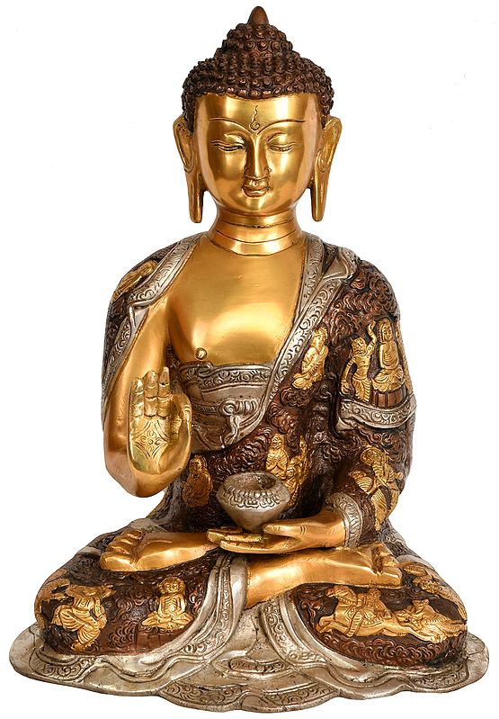 12" Lord Buddha Preaching His Dharma : Robe Carved with Life Scenes (Tibetan Buddhist) In Brass | Handmade | Made In India
