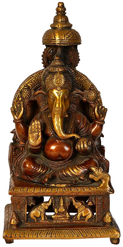 13" Lord Ganesha Seated on Throne with Gajalakshmi on Base In Brass | Handmade | Made In India