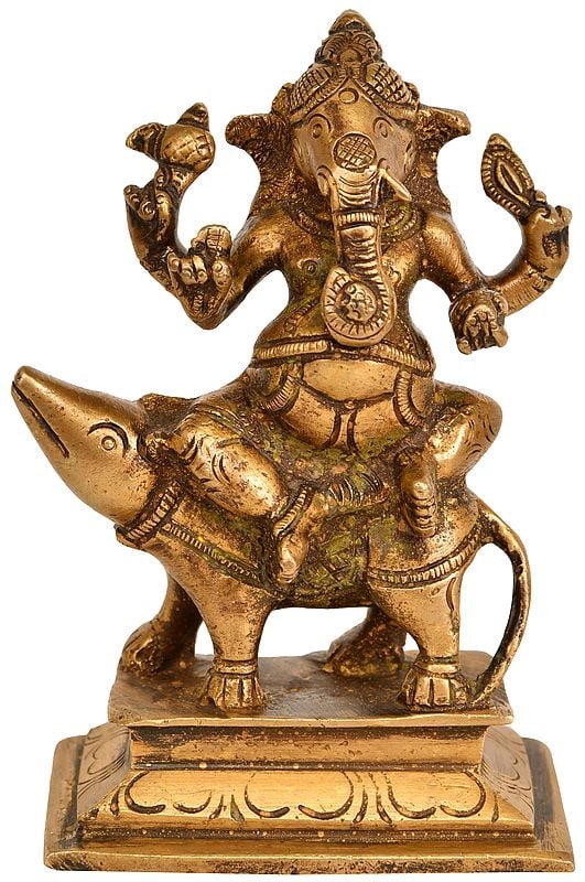 4" Brass Lord Ganesha Statue seated on Rat | Handmade Idol | Made in India