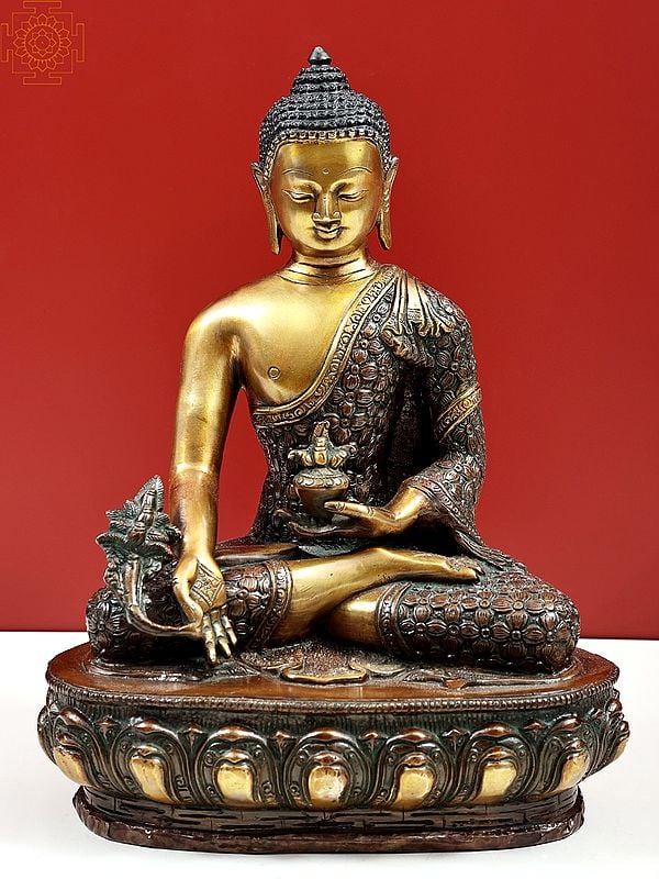 13" Medicine Buddha : Robe Decorated with Vishwa Vajra (Tibetan Buddhist Deity) in Brass | Handmade | Made In India