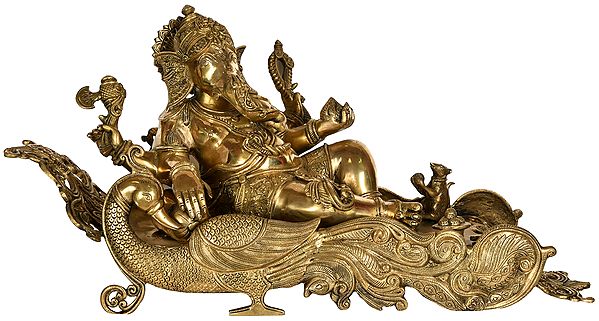 16" Ganesha Seated on Mayur Recliner - Large Size In Brass | Handmade | Made In India