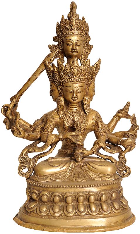 10" Buddhist Deity Four-Headed Manjushri (Maha Manjushri) Brass Idol | Handmade | Made in India