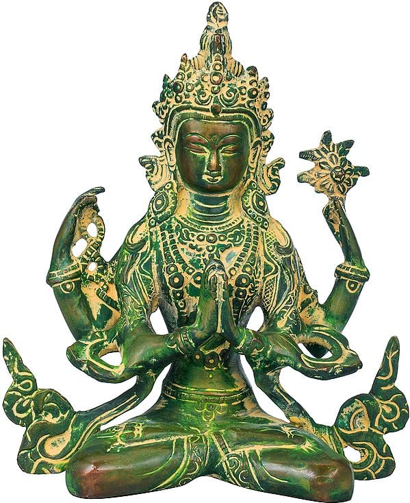 7" Tibetan Buddhist Deity Shadakshari Lokeshvara - Chenrezig In Brass | Handmade | Made In India