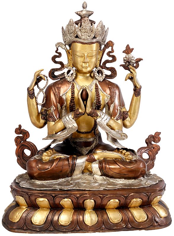 28" Large Size Tibetan Buddhist Deity Chenrezig In Brass | Handmade | Made In India