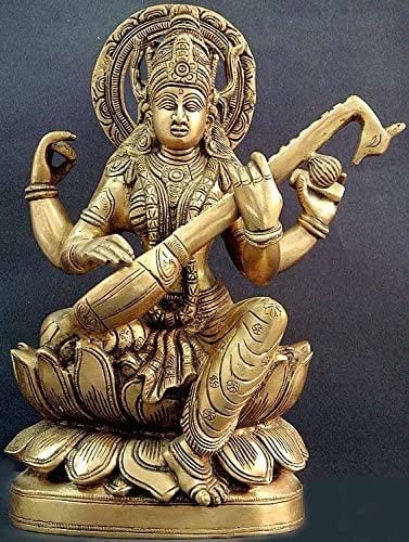 11" Goddess of Wisdom In Brass | Handmade | Made In India