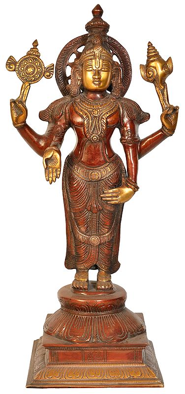 17" Chaturbhuja Standing Vishnu In Brass | Handmade | Made In India