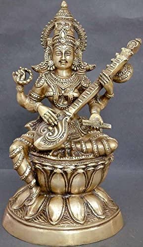 15" Goddess Saraswati In Brass | Handmade | Made In India