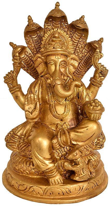 5" Four-Armed Ganesha Idol Seated on Five-Hooded Serpent in Brass | Handmade | Made in India
