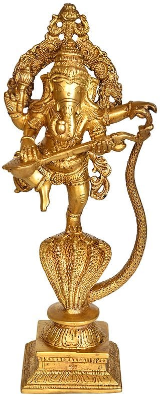 10" Ganesha Dancing and Playing Veena On a Serpent In Brass | Handmade | Made In India