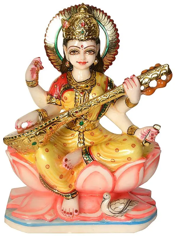 Goddess Saraswati White Marble Statue