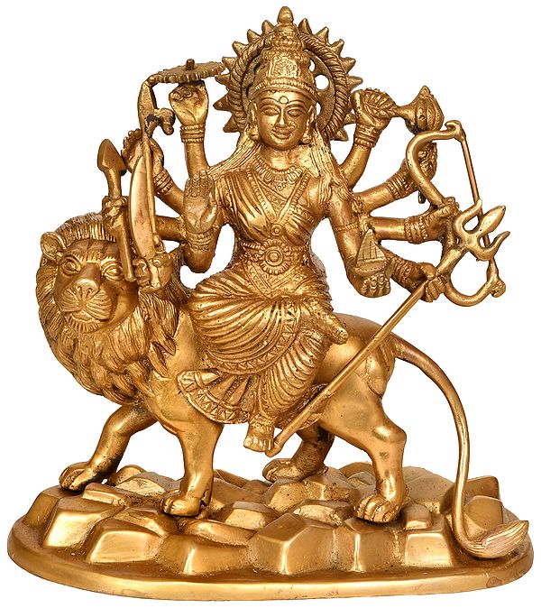 9" Brass Goddess Durga Statue Standing on Rocks | Handmade | Made in India