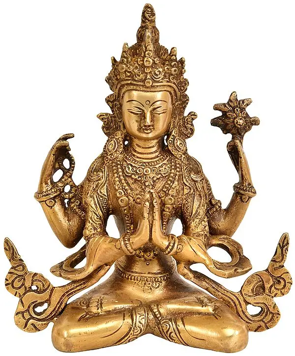 7" Tibetan Buddhist Deity Chenrezig (Four-Armed Avalokiteshvara) in Brass | Handmade | Made In India