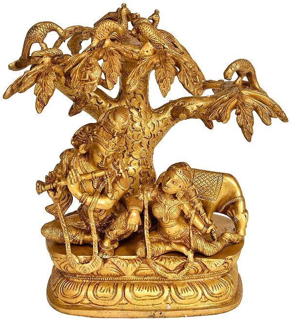11" Krishna Playing Flute for Radha Under a Tree In Brass | Handmade | Made In India