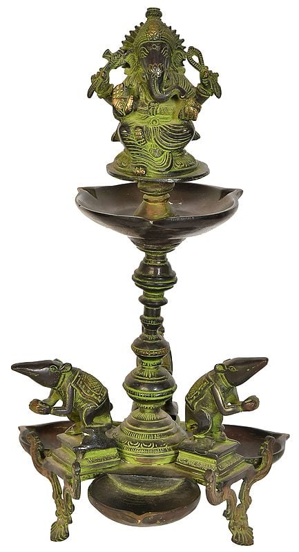 14" Lord Ganesha Six Wicks Lamp in Brass | Handmade | Made in India