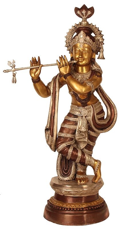 36" Large Size Krishna Fluting In Brass | Handmade | Made In India
