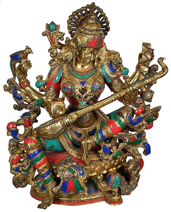 37" The Ethereal Sarasvati Cradles her Veena In Brass | Handmade | Made In India
