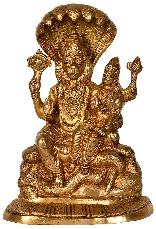 12" Lord Narasimha with Goddess Lakshmi Seated on Sheshanag In Brass | Handmade | Made In India