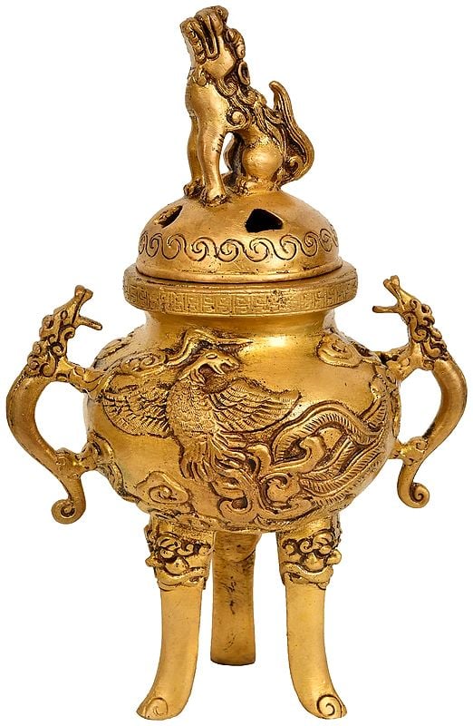 9" Incense Burner with Snow Lions in Brass | Handmade | Made in India