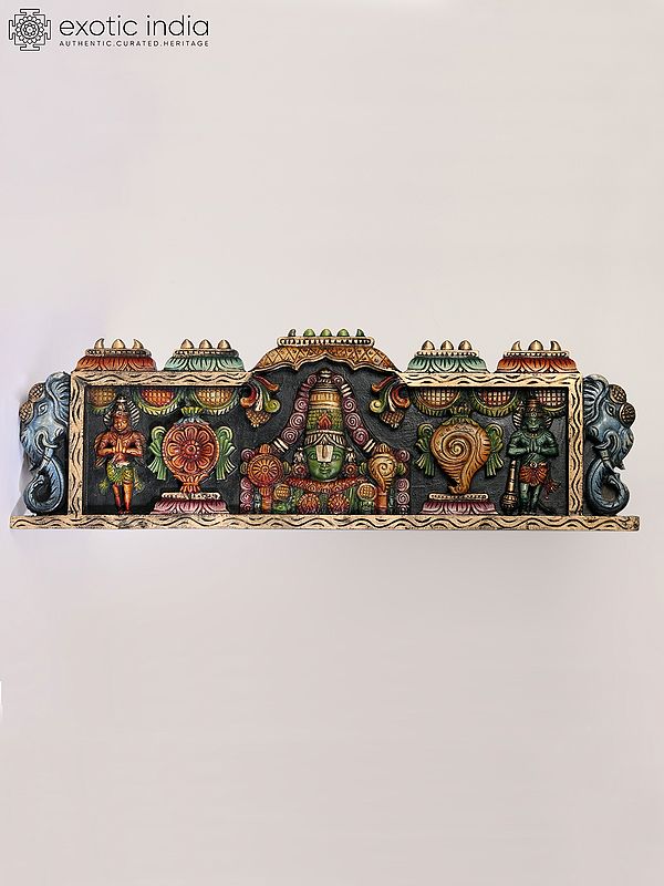 36" Large Wood Carved Tirupati Balaji (Venkateshvara) Wall Hanging Panel with Garuda and Hanuman