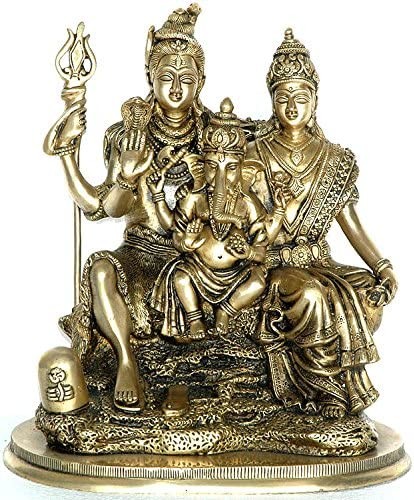 11" Shiva Parvati with Baby Ganesha In Brass | Handmade | Made In India