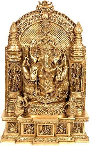 35" Ganesha Seated in Royal Ease Posture Flanked by Lakshmi and Saraswati With Pedestal Depicting Aspects of Ganesha as Musician In Brass | Handmade | Made In India