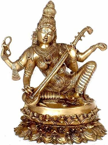 17" Goddess Saraswati Brass Idol - Deity of Arts | Handmade | Made in India