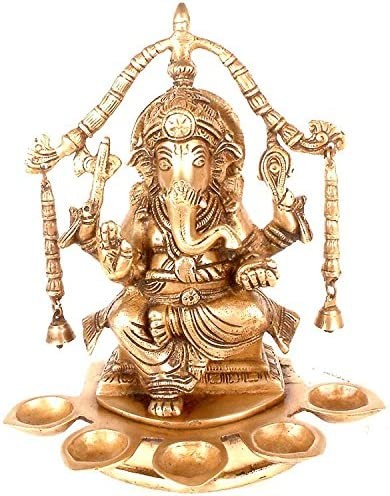 8" Lord Ganesha with Five Auspicious Lamps in Brass | Handmade | Made in India