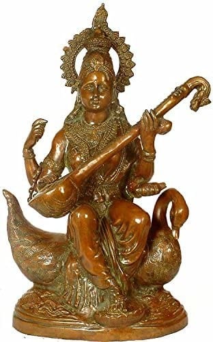 28" Large Size Goddess Saraswati Brass Statue Seated on Swan | Handcrafted Home Temple Idol
